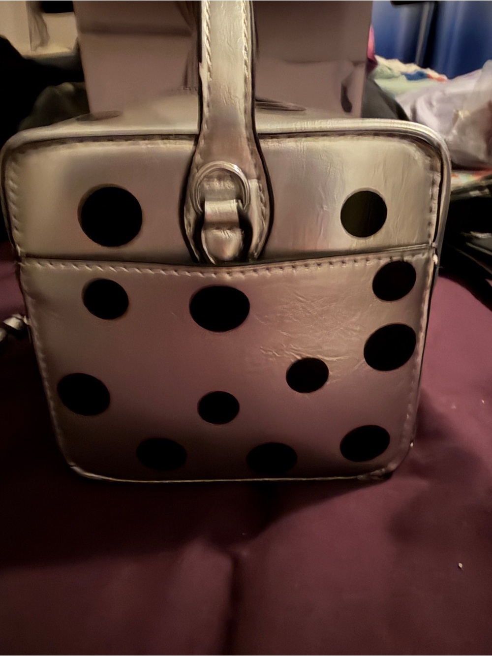 Silver Polka Dot Box Bag Retro Mod Top Handle Crossbody Satchel - Picture 10 of 13